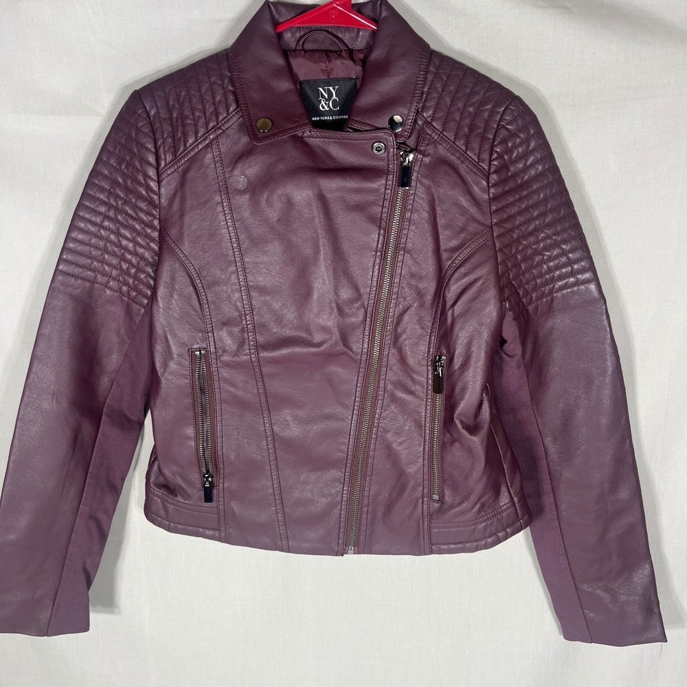 NY&C Moto Jacket Quilted Faux Leather Plum Purple Womens XS